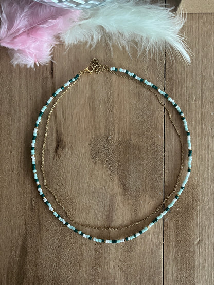 Cha Collier double rang perles avec chaine en acier inoxydable